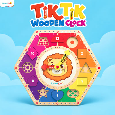 Spartan Kids TIK TIK Wooden Learning Clock for Kids 3+ Years | Educational Toy for Time, Numbers, Shapes & Colours | Fine Motor Skills Learning Toy with Activity Book