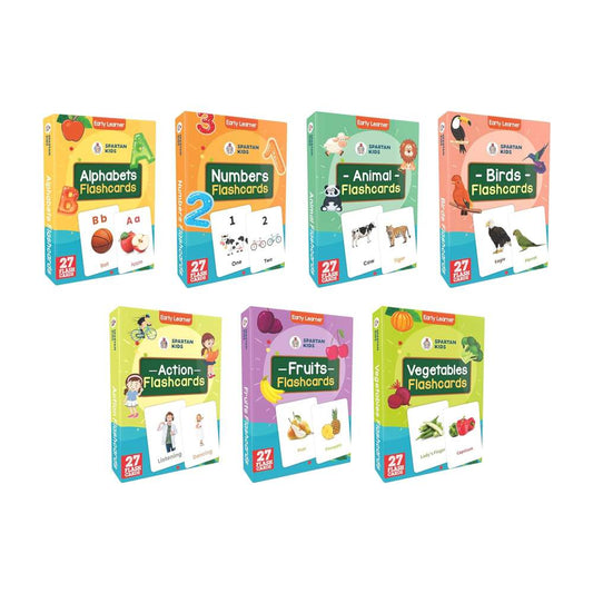 Early Learning Flash Cards with Alphabets, Numbers, Animals, Birds, Action, Fruits and Vegetables Flash cards for kids (Set of 7)