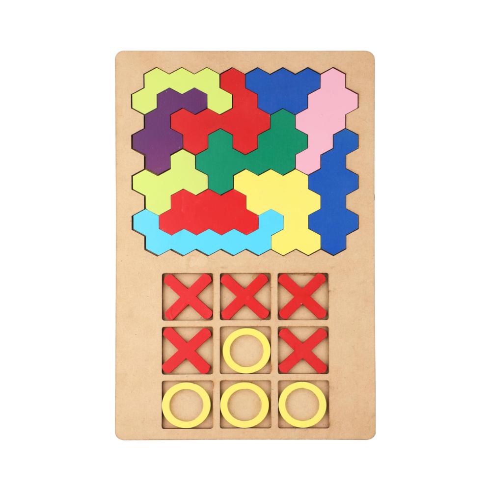 SPARTAN KIDSยฎ 3D Wooden Hexagon Puzzle & Classic Tic Tac Toe Game