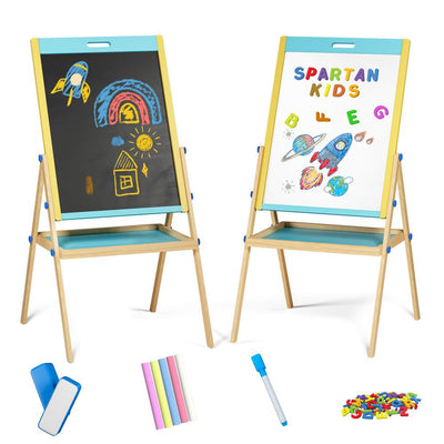 Spartan Kids 3-in-1 Wooden Art Easel Board for Kids | Whiteboard, Chalkboard & Magnetic Board | Adjustable Height | Complete Art Set