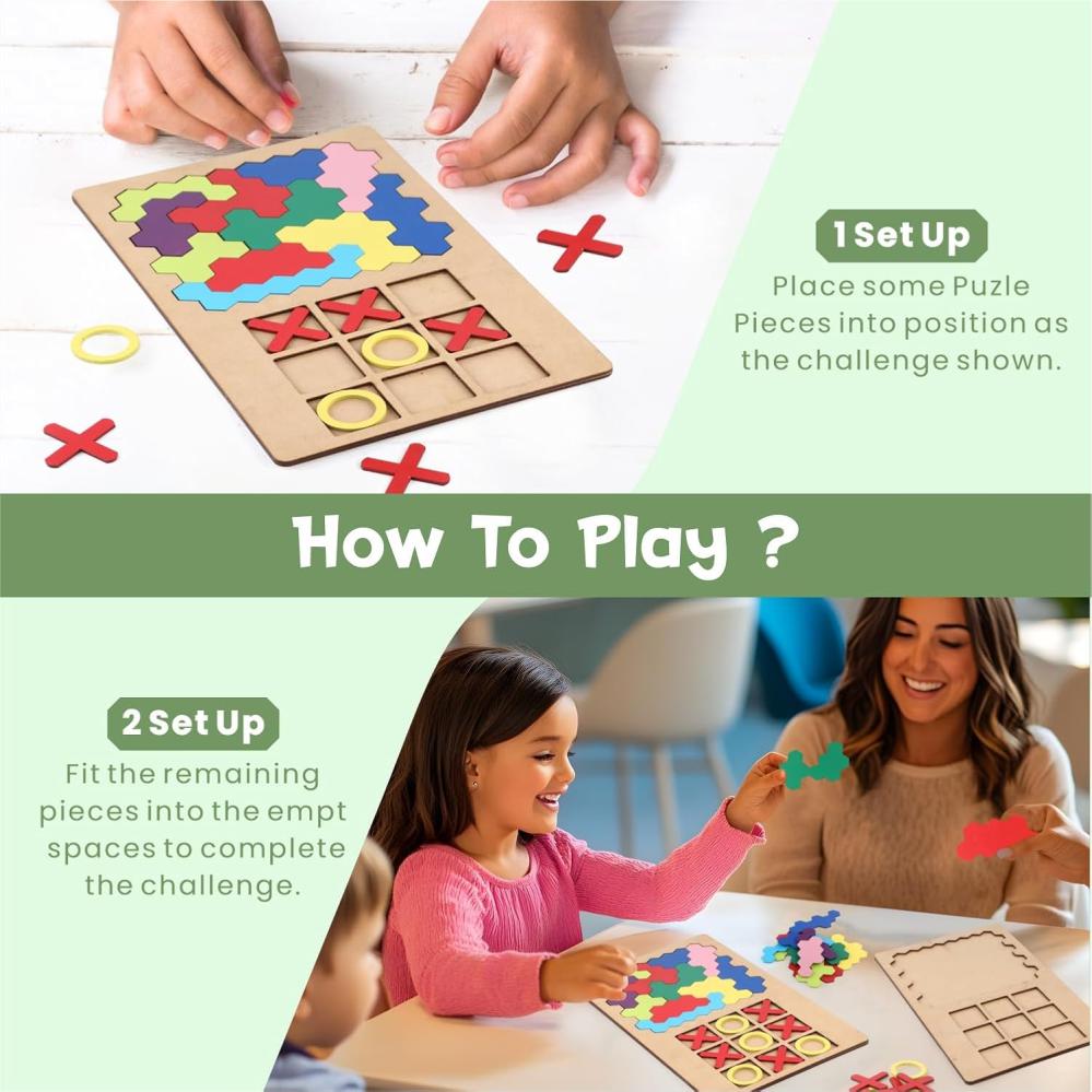 SPARTAN KIDSยฎ 3D Wooden Hexagon Puzzle & Classic Tic Tac Toe Game
