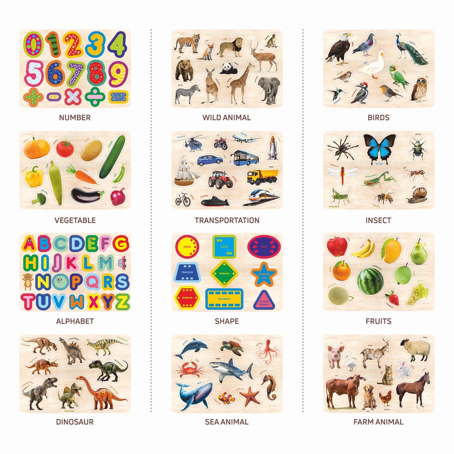 Wooden Educational Puzzle Collection for Kids 3+ (Set of 12)
