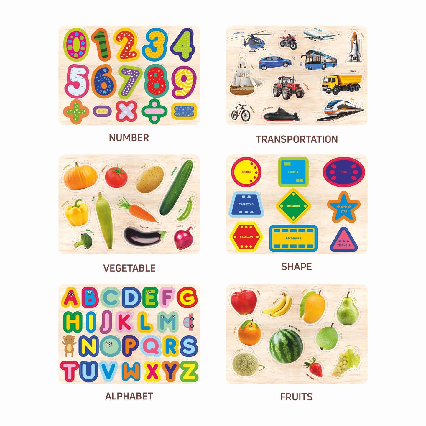 Wooden Educational Puzzle Set for Kids 3+ (Set of 6)