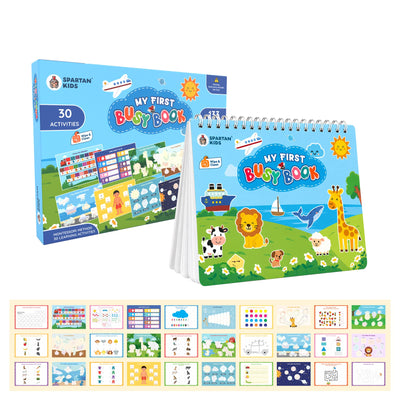 Spartan Kids My First Busy Book, 30 Montessori Learning Activities, Wipe and Clean Sheets, 100+ Reusable Stickers, for Toddlers