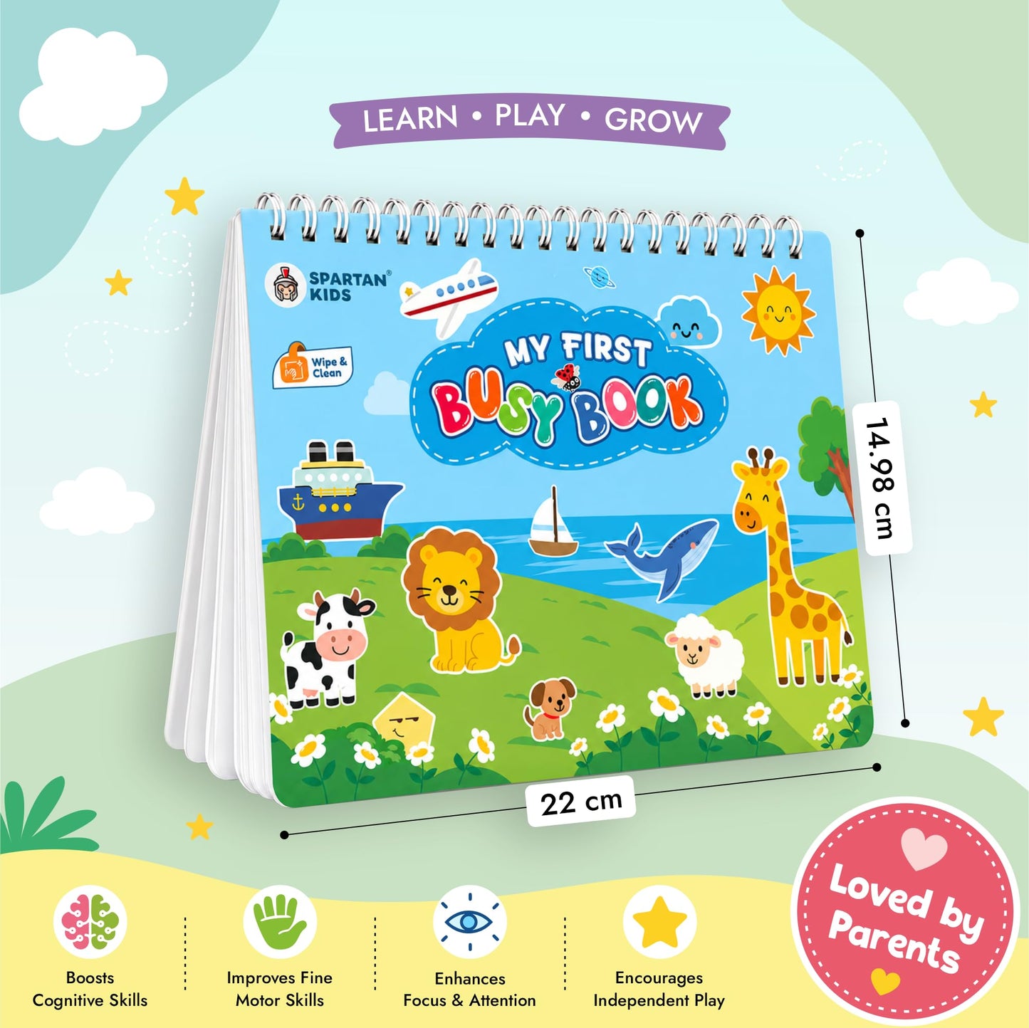 Spartan Kids My First Busy Book, 30 Montessori Learning Activities, Wipe and Clean Sheets, 100+ Reusable Stickers, for Toddlers