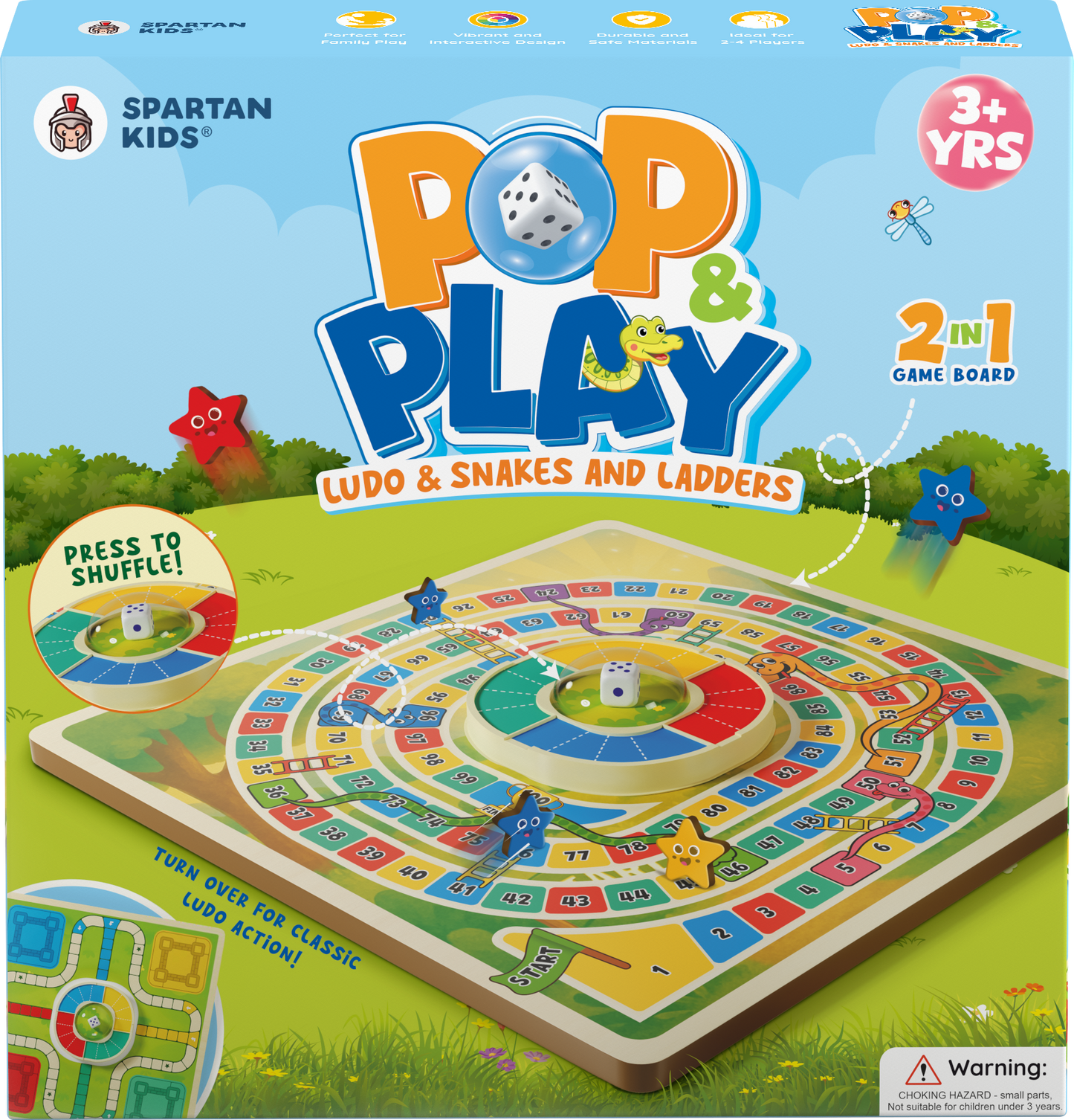 Spartan Kids Pop & Play 2 in 1 Game Board, Ludo & Snakes and Ladders, Ages 3+, Multicolour, Press to Shuffle Dice Mechanism, 2-4 Players