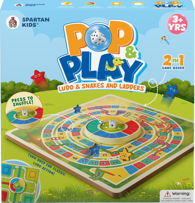Pop & Play Ludo Board Game for Kids, 2 in 1 Ludo & Snakes and Ladders with Press to Shuffle Dice, Ages 3+, 2-4 Players