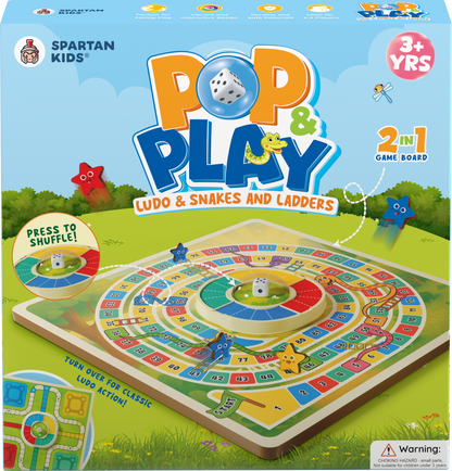 Spartan Kids Pop & Play 2 in 1 Game Board, Ludo & Snakes and Ladders, Ages 3+, Multicolour, Press to Shuffle Dice Mechanism, 2-4 Players