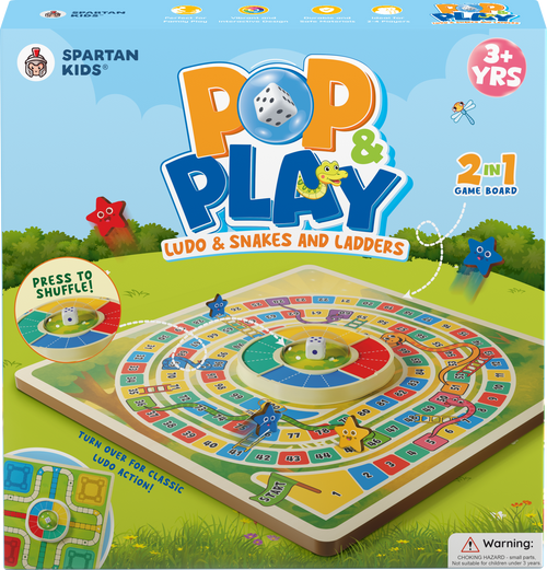 Spartan Kids Pop & Play 2 in 1 Game Board, Ludo & Snakes and Ladders, Ages 3+, Multicolour, Press to Shuffle Dice Mechanism, 2-4 Players