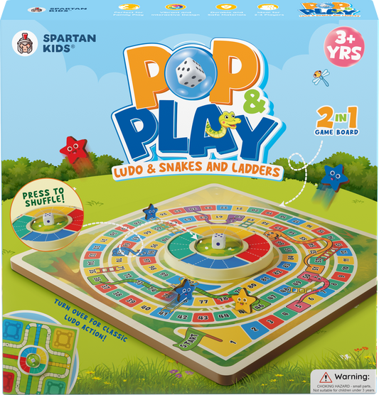 Spartan Kids Pop & Play 2 in 1 Game Board, Ludo & Snakes and Ladders, Ages 3+, Multicolour, Press to Shuffle Dice Mechanism, 2-4 Players