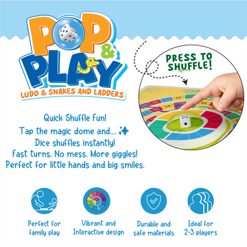 Spartan Kids Pop & Play 2 in 1 Game Board, Ludo & Snakes and Ladders, Ages 3+, Multicolour, Press to Shuffle Dice Mechanism, 2-4 Players