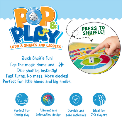 Spartan Kids Pop & Play 2 in 1 Game Board, Ludo & Snakes and Ladders, Ages 3+, Multicolour, Press to Shuffle Dice Mechanism, 2-4 Players