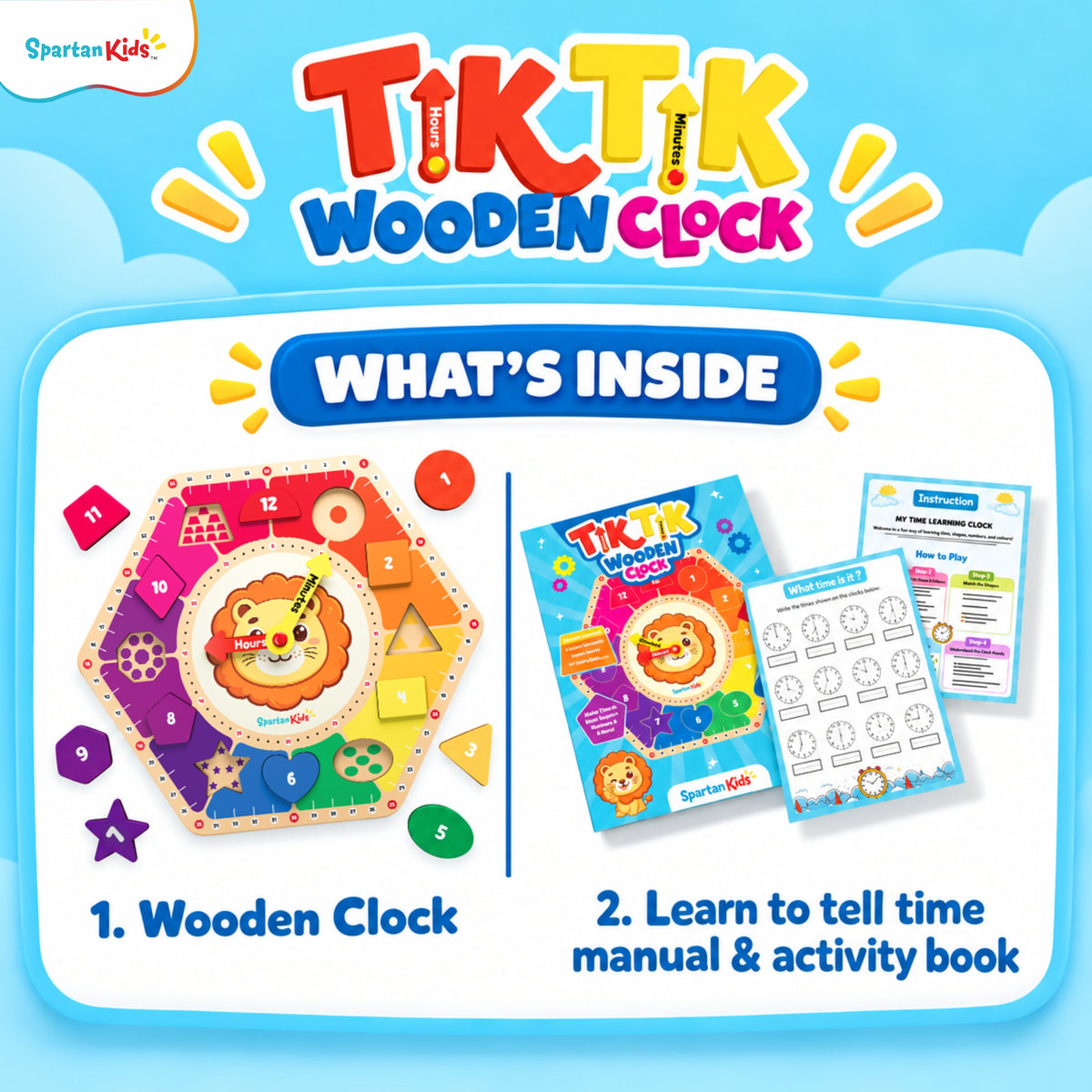 Spartan Kids TIK TIK Wooden Learning Clock for Kids 3+ Years | Educational Toy for Time, Numbers, Shapes & Colours | Fine Motor Skills Learning Toy with Activity Book