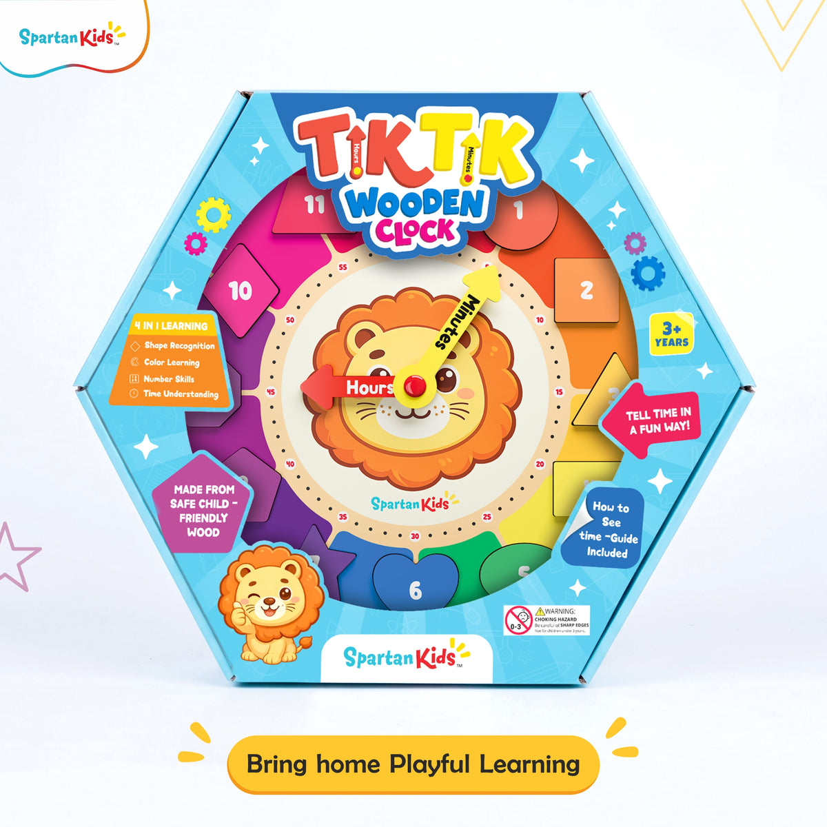 Spartan Kids TIK TIK Wooden Learning Clock for Kids 3+ Years | Educational Toy for Time, Numbers, Shapes & Colours | Fine Motor Skills Learning Toy with Activity Book