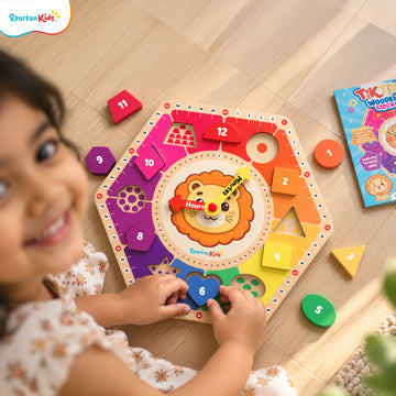 Spartan Kids TIK TIK Wooden Learning Clock for Kids 3+ Years | Educational Toy for Time, Numbers, Shapes & Colours | Fine Motor Skills Learning Toy with Activity Book