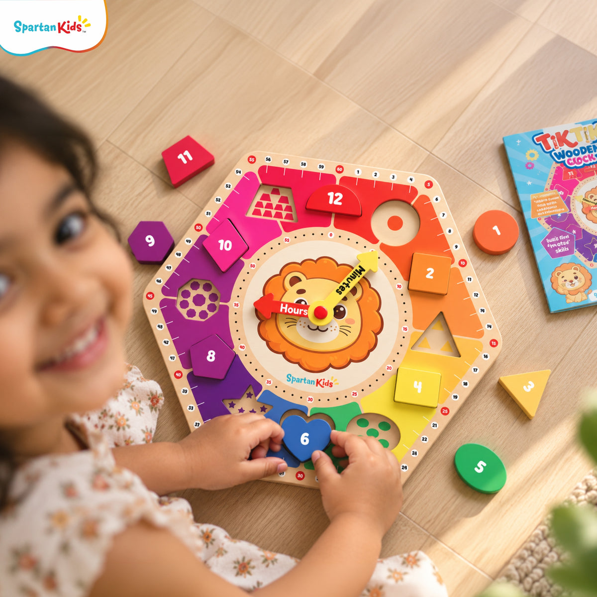 Spartan Kids TIK TIK Wooden Learning Clock for Kids 3+ Years | Educational Toy for Time, Numbers, Shapes & Colours | Fine Motor Skills Learning Toy with Activity Book