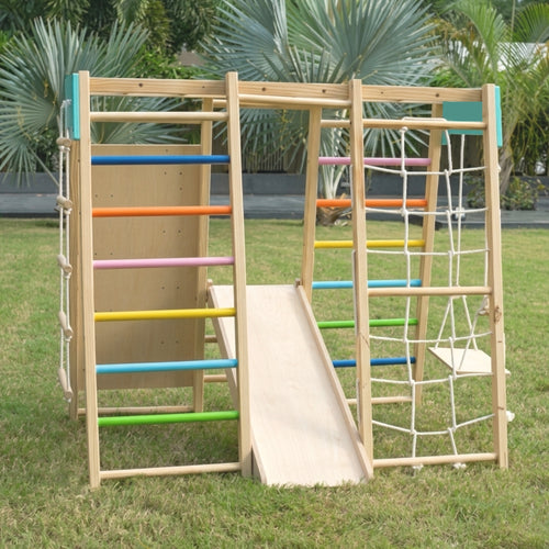 7-in-1 Wooden Kids Play Gym Set with Slide, Swing, Monkey Bars & Climbing Frame | Indoor Outdoor Activity Playset