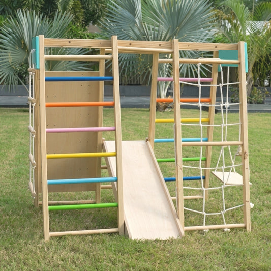 7-in-1 Wooden Kids Play Gym Set with Slide, Swing, Monkey Bars & Climbing Frame | Indoor Outdoor Activity Playset