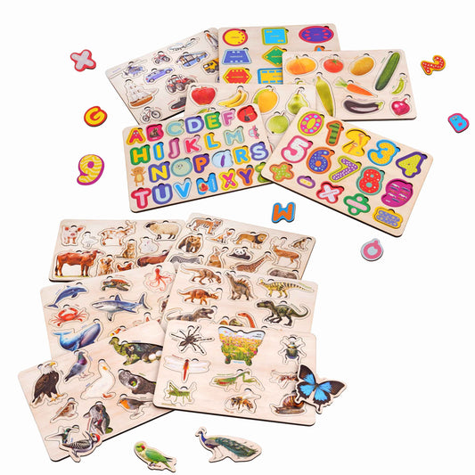 Wooden Educational Puzzle Collection for Kids 3+ (Set of 12)