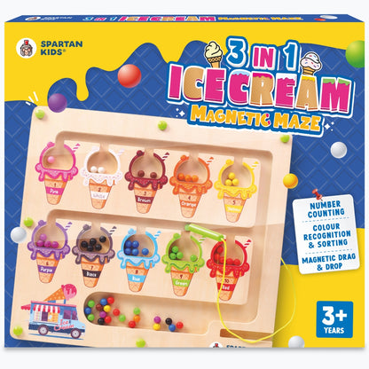 Spartan Kids 3-in-1 Ice Cream Magnetic Maze – Wooden Color Sorting & Number Counting Puzzle Board with Magnetic Wand