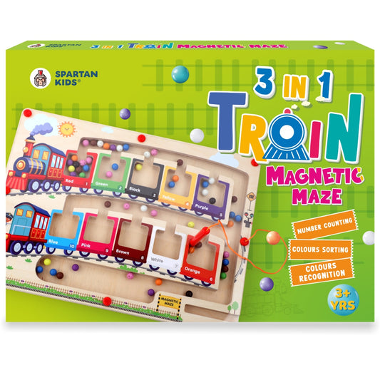 Spartan Kids 3-in-1 Train Magnetic Maze – Wooden Color Sorting & Number Counting Puzzle Board with Magnetic Wand