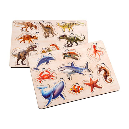 Wooden Dinosaur & Sea Animal 3D Puzzle Set for Kids 3+ (Set of 2)