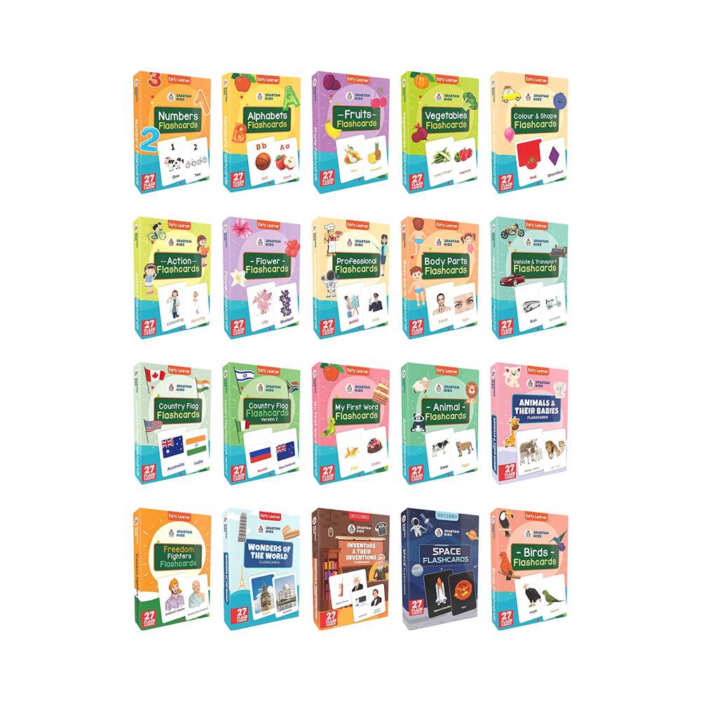 Flashcards Combo Set 20-Pack | 540 Educational Flashcards for Kids Ages 2–6 | Alphabets, Animals, Vegetables, Professions & More | 27 Cards per Box | Spartan Kids
