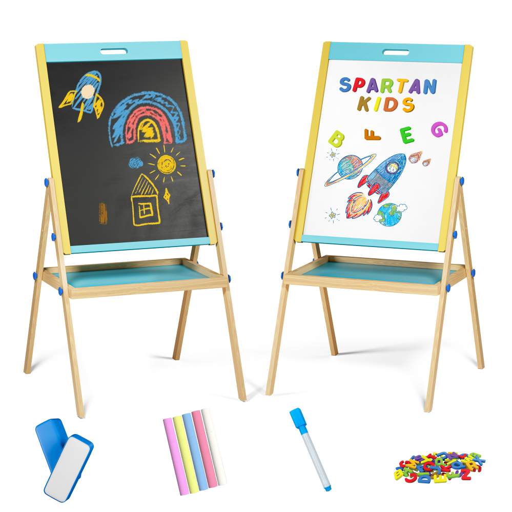 Spartan Kids 3-in-1 Wooden Art Easel Board for Kids | Whiteboard, Chalkboard & Magnetic Board | Adjustable Height | Complete Art Set