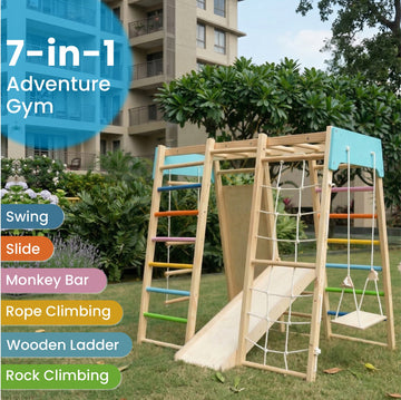 7-in-1 Wooden Kids Play Gym Set with Slide, Swing, Monkey Bars & Climbing Frame | Indoor Outdoor Activity Playset