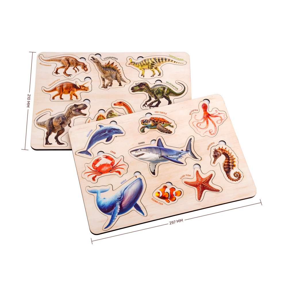 Wooden Dinosaur & Sea Animal 3D Puzzle Set for Kids 3+ (Set of 2)