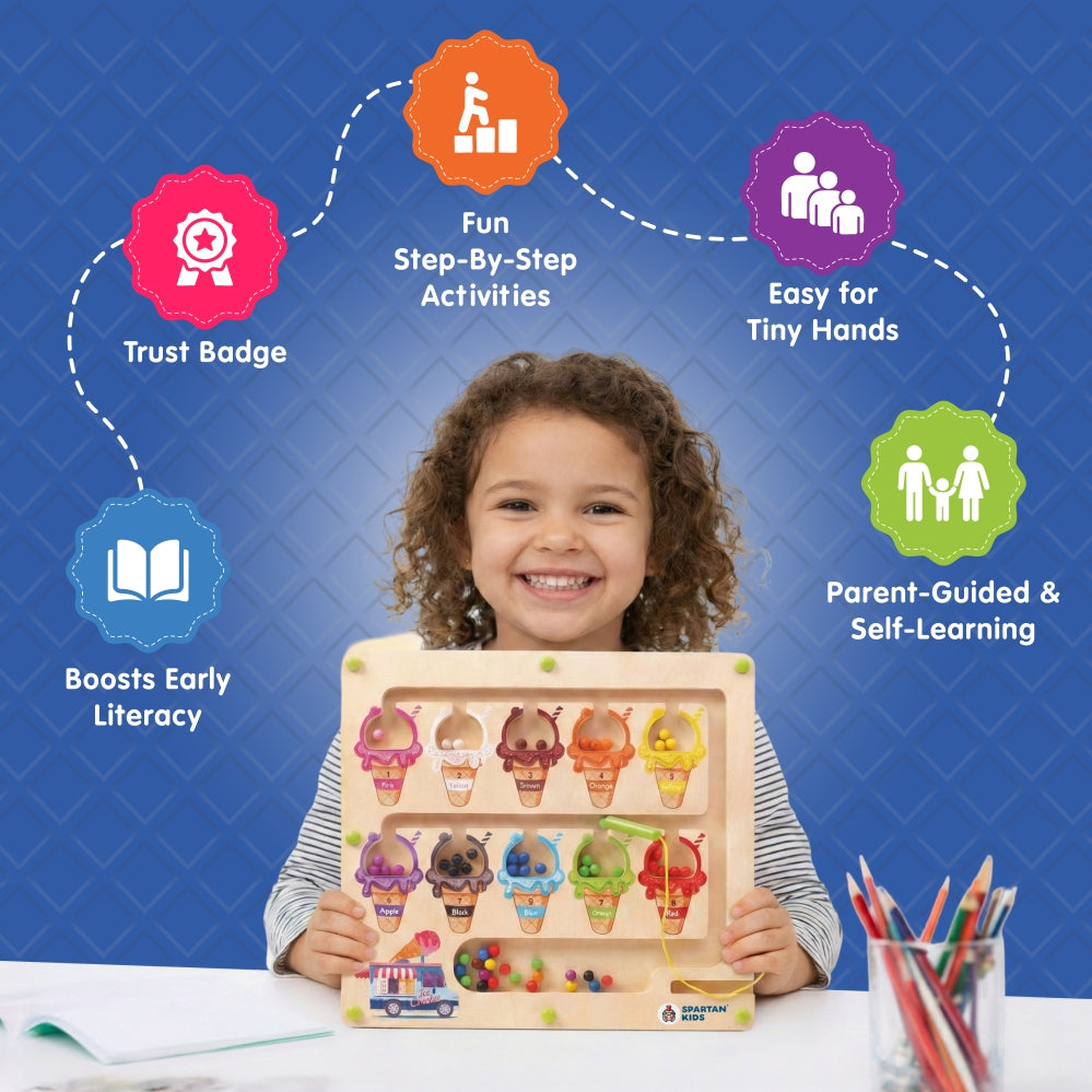 Spartan Kids 3-in-1 Ice Cream Magnetic Maze – Wooden Color Sorting & Number Counting Puzzle Board with Magnetic Wand