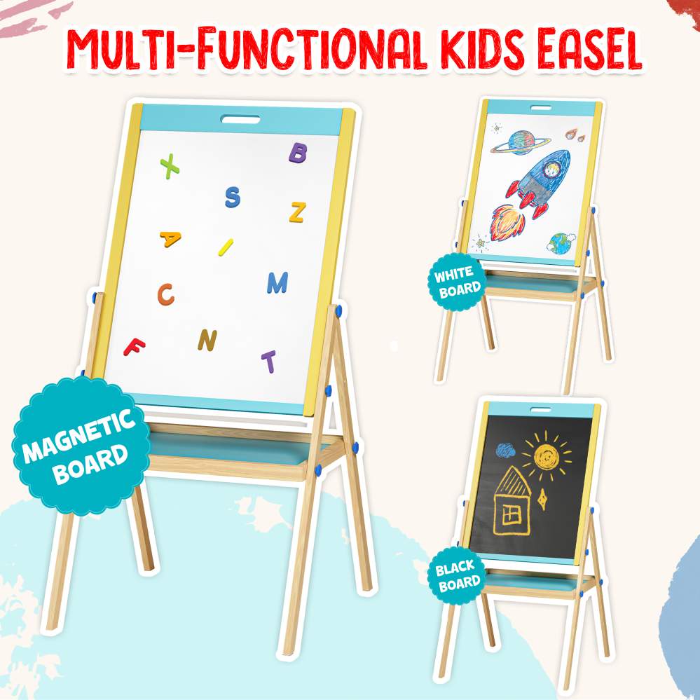 Spartan Kids 3-in-1 Wooden Art Easel Board for Kids | Whiteboard, Chalkboard & Magnetic Board | Adjustable Height | Complete Art Set