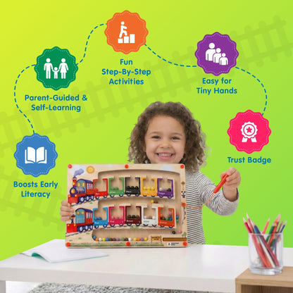 Spartan Kids 3-in-1 Train Magnetic Maze – Wooden Color Sorting & Number Counting Puzzle Board with Magnetic Wand