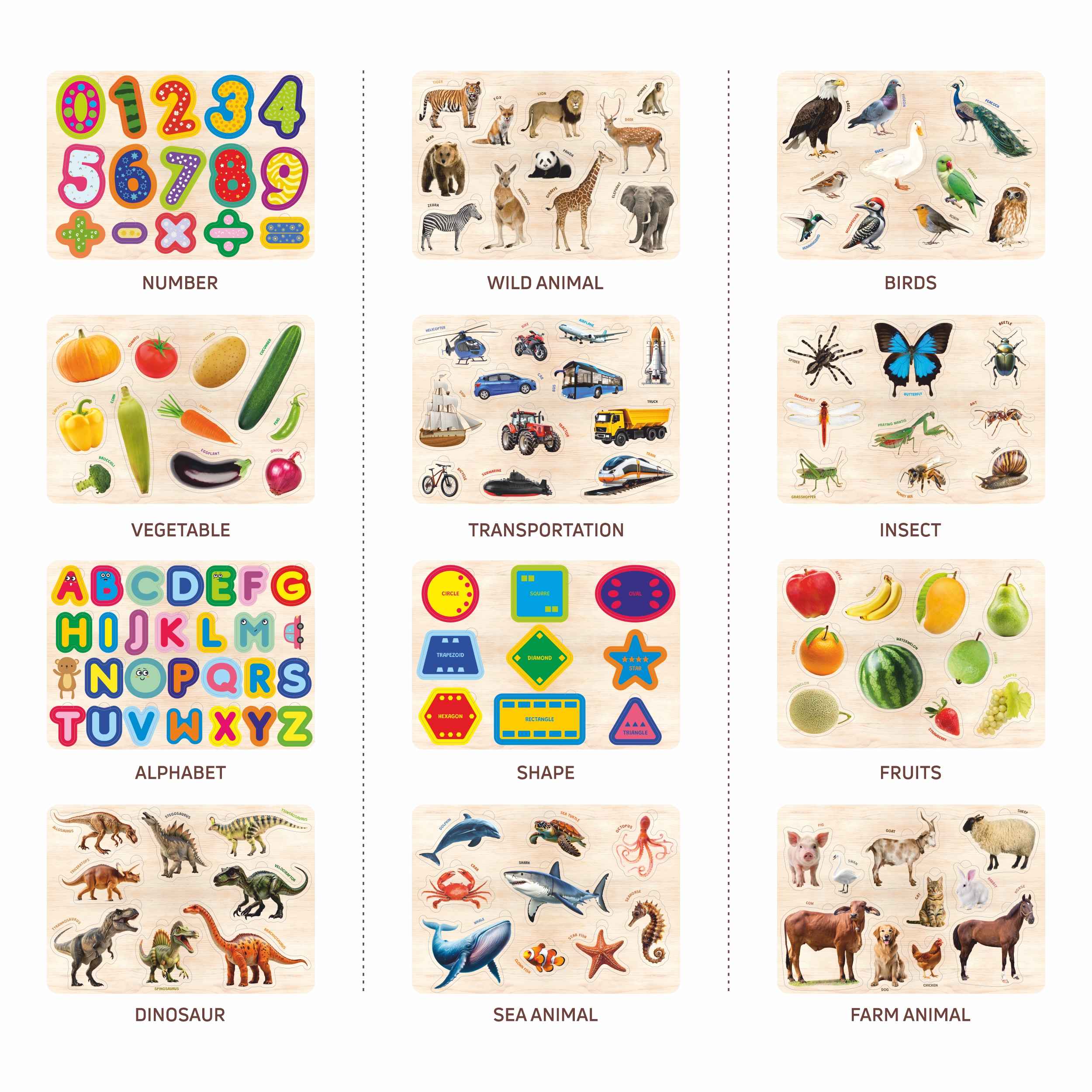 Wooden Educational Puzzle Collection for Kids 3+ (Set of 12)