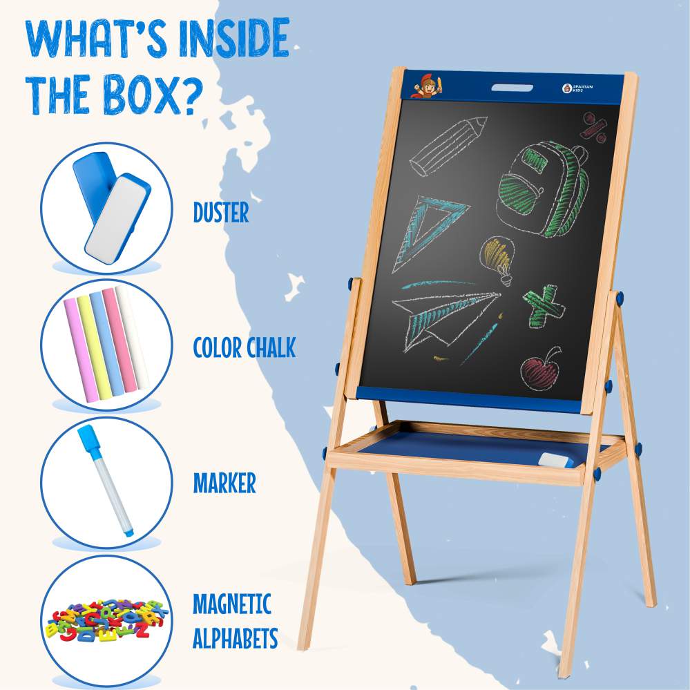 Easel Board for Kids - Adjustable Whiteboard & Chalkboard