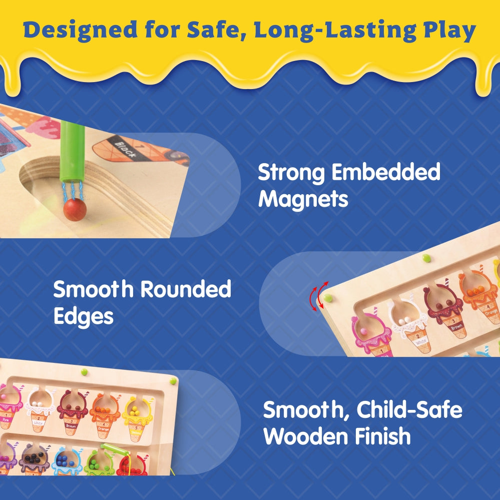 Spartan Kids 3-in-1 Ice Cream Magnetic Maze – Wooden Color Sorting & Number Counting Puzzle Board with Magnetic Wand