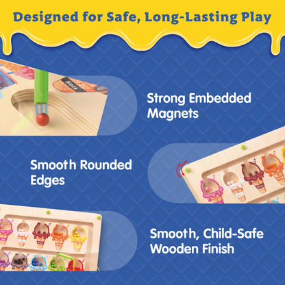 Spartan Kids 3-in-1 Ice Cream Magnetic Maze – Wooden Color Sorting & Number Counting Puzzle Board with Magnetic Wand