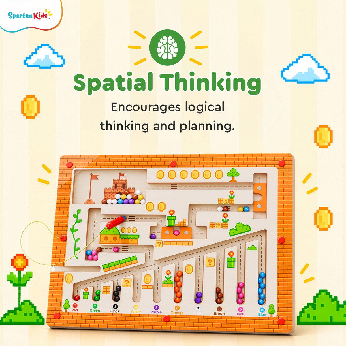 Spartan Kids Maze Runner Magnetic Maze Board Game for Kids 3+ Years | Wooden Magnetic Ball Maze Puzzle | Number Counting, Colour Sorting, Fine Motor Skills & Problem Solving Educational Toy