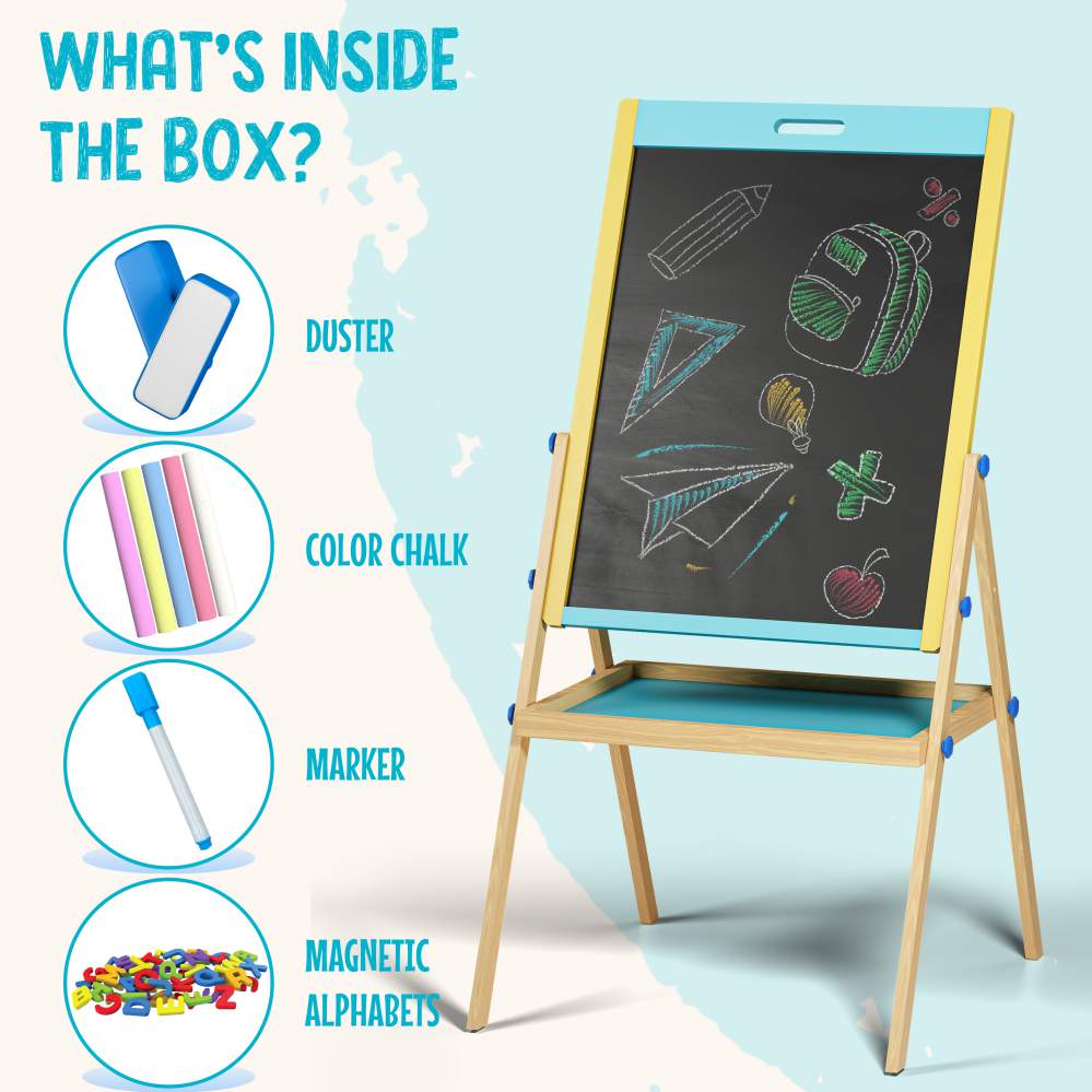 Spartan Kids 3-in-1 Wooden Art Easel Board for Kids | Whiteboard, Chalkboard & Magnetic Board | Adjustable Height | Complete Art Set
