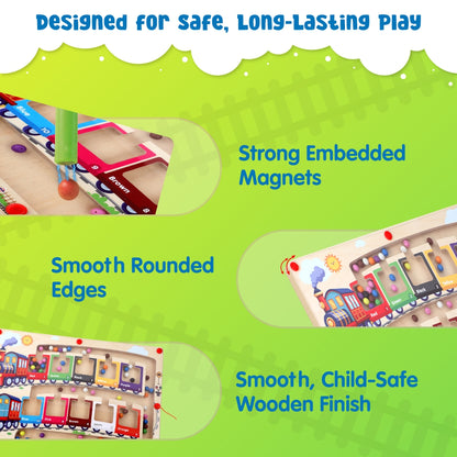Spartan Kids 3-in-1 Train Magnetic Maze – Wooden Color Sorting & Number Counting Puzzle Board with Magnetic Wand