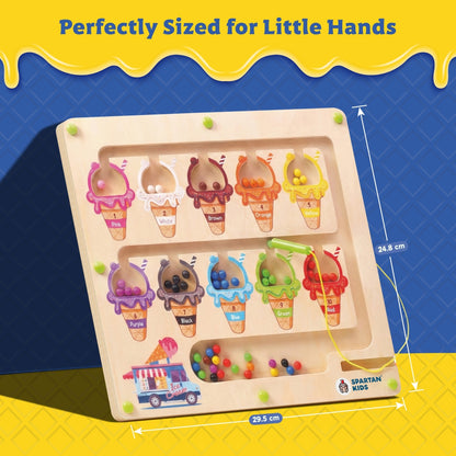 Spartan Kids 3-in-1 Ice Cream Magnetic Maze – Wooden Color Sorting & Number Counting Puzzle Board with Magnetic Wand