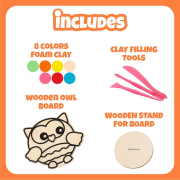 DIY Foam Clay Art Kit: Wooden Snail, Rabbit, Cupcake, Bee, Owl, Castle Board with Stand (Set of 6)