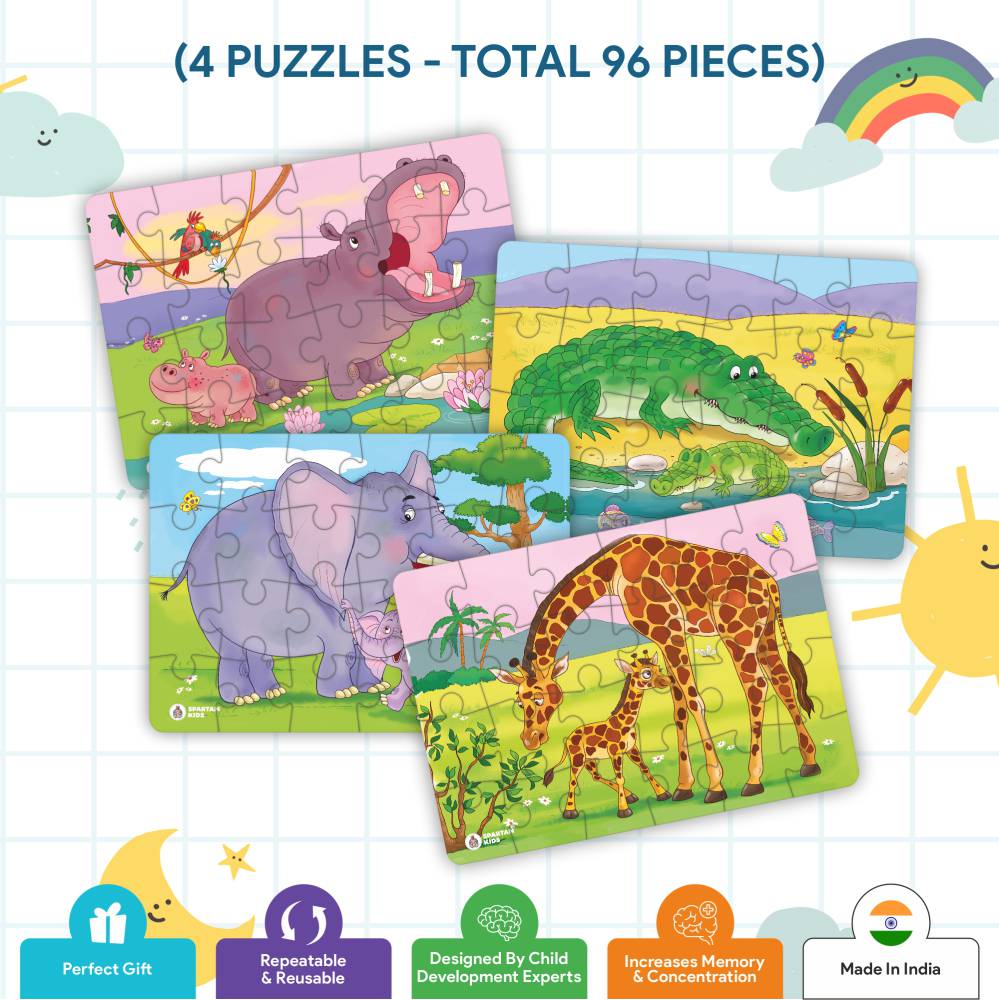 Animal & Their Babies Jigsaw Puzzle for Kids (4 in a Box) 96 Puzzle Pcs