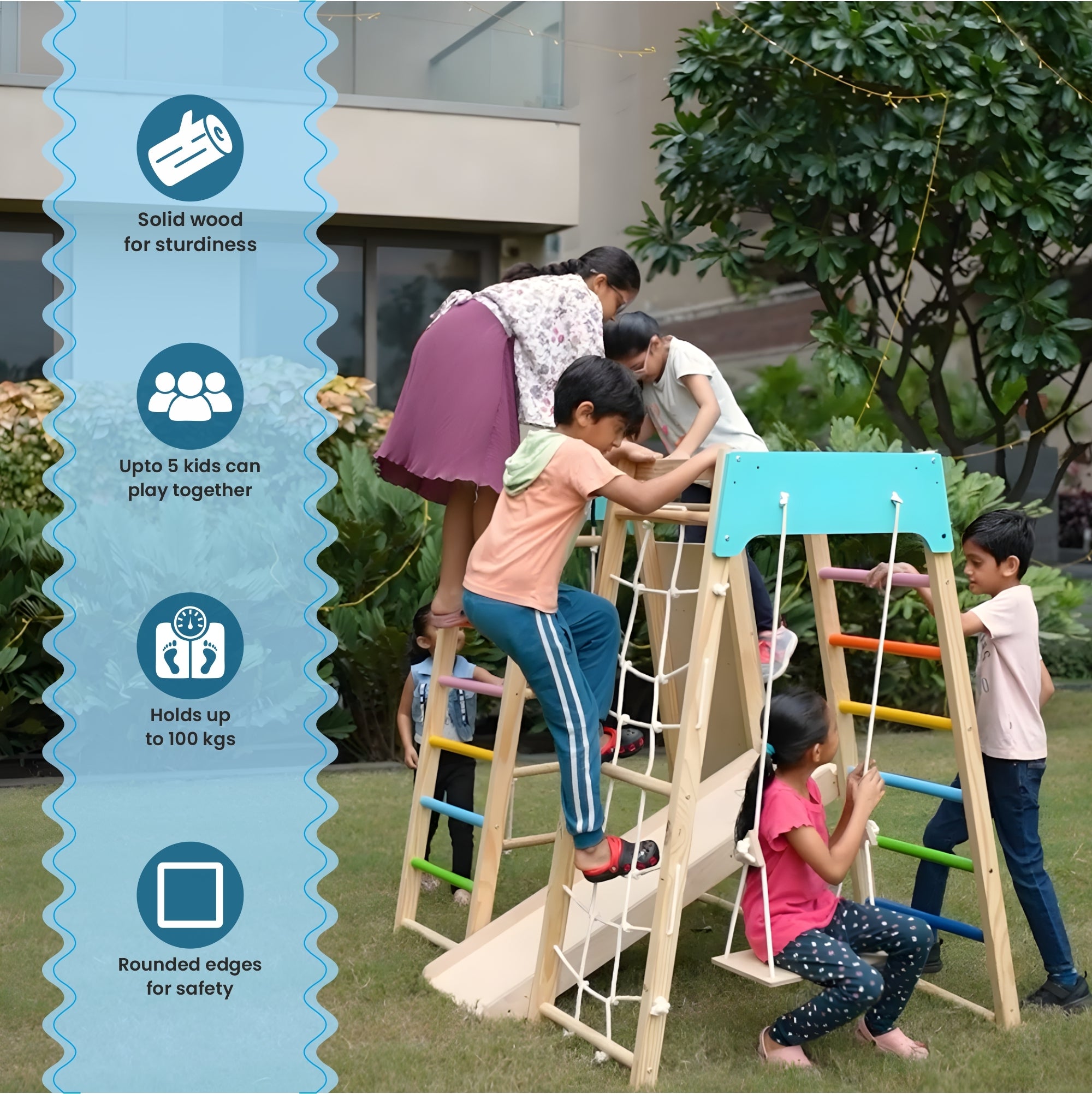 7-in-1 Wooden Kids Play Gym Set with Slide, Swing, Monkey Bars & Climbing Frame | Indoor Outdoor Activity Playset