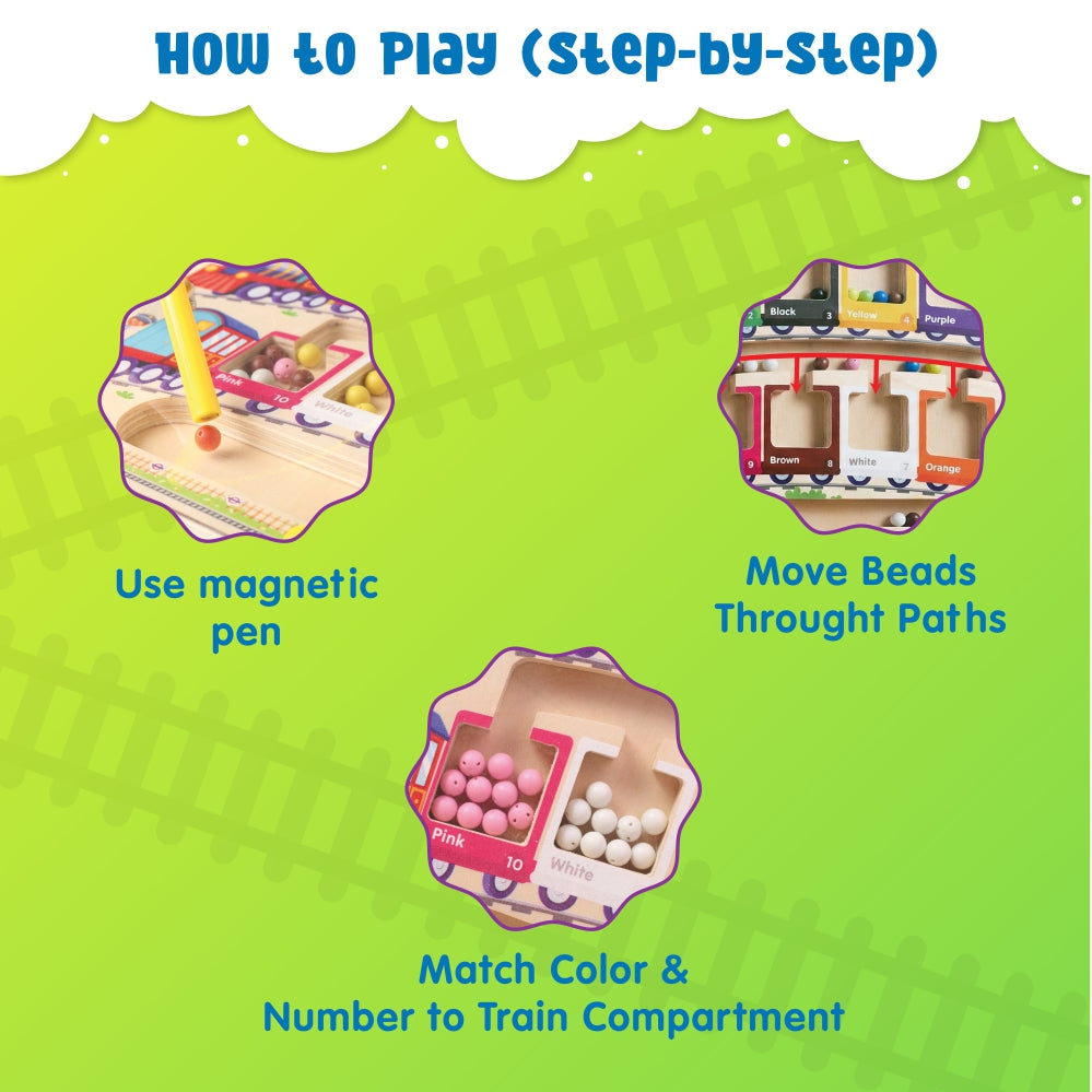 Spartan Kids 3-in-1 Train Magnetic Maze – Wooden Color Sorting & Number Counting Puzzle Board with Magnetic Wand