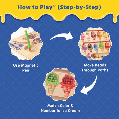 Spartan Kids 3-in-1 Ice Cream Magnetic Maze – Wooden Color Sorting & Number Counting Puzzle Board with Magnetic Wand