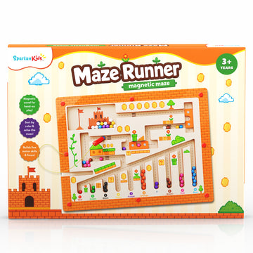 Spartan Kids Maze Runner Magnetic Maze Board Game for Kids 3+ Years | Wooden Magnetic Ball Maze Puzzle | Number Counting, Colour Sorting, Fine Motor Skills & Problem Solving Educational Toy