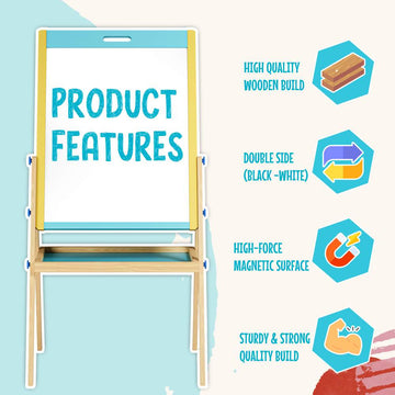Spartan Kids 3-in-1 Wooden Art Easel Board for Kids | Whiteboard, Chalkboard & Magnetic Board | Adjustable Height | Complete Art Set