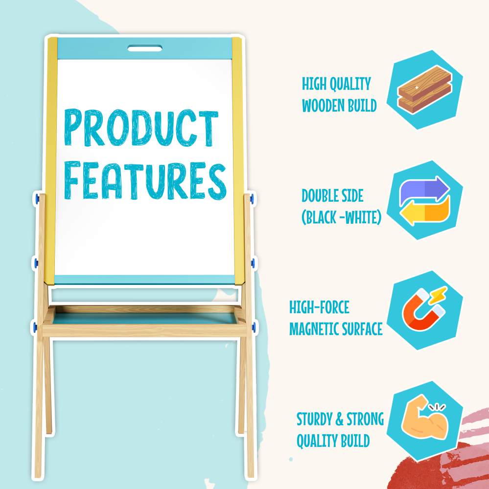 Spartan Kids 3-in-1 Wooden Art Easel Board for Kids | Whiteboard, Chalkboard & Magnetic Board | Adjustable Height | Complete Art Set