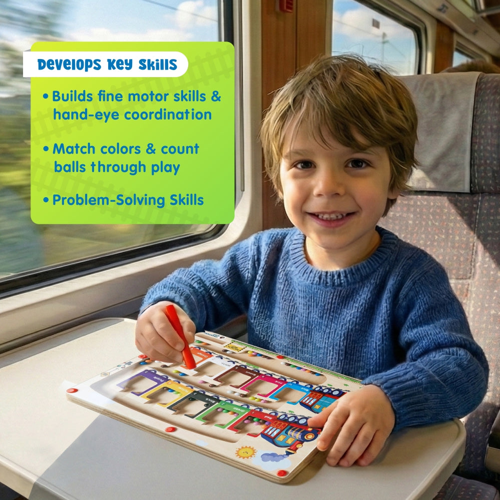 Spartan Kids 3-in-1 Train Magnetic Maze – Wooden Color Sorting & Number Counting Puzzle Board with Magnetic Wand